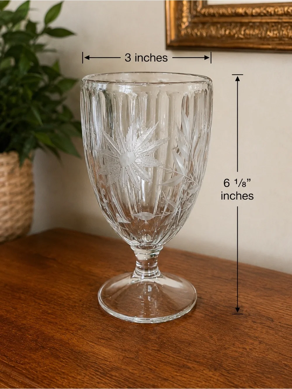 Vintage Thick Glass Footed Goblet Etched Floral Starburst Design 6 1/8”
